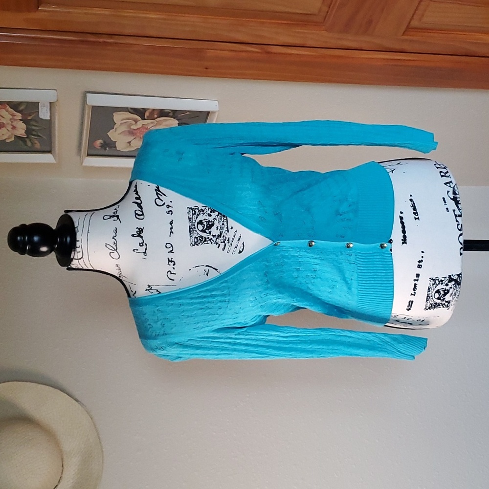 Worthington Cardigan Crop Sweater Turquoise Blue Size SMALL